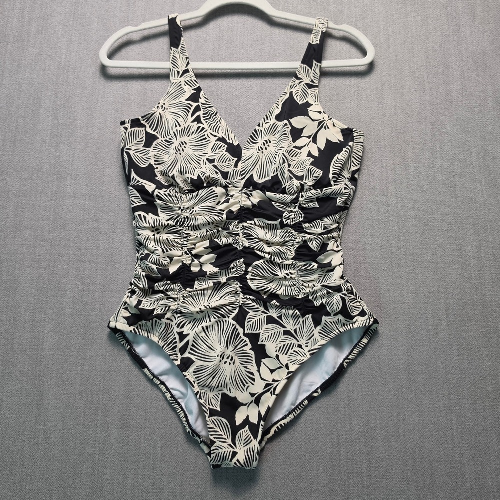 Croft & Barrow One Piece Swimsuit Women 10 Black Floral Ruched V-Neck Slimming